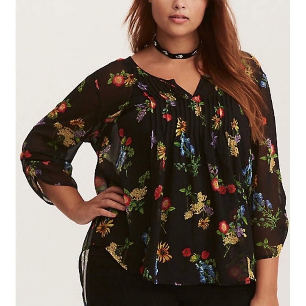 Torrid Black Floral Chiffon Blouse 3/4 Sleeve Sheer Top 1 xl boho cottage whimsi